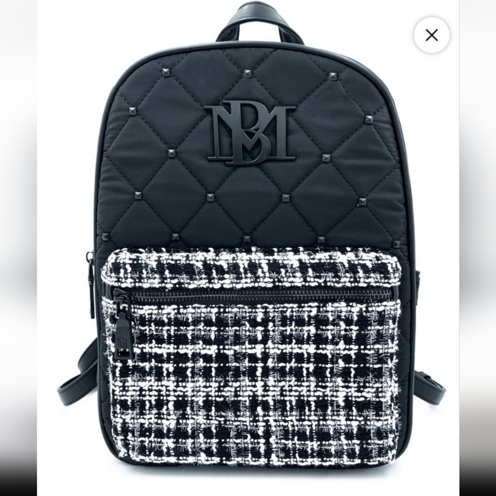 Badgley Mischka Black Quilted 10x12x5 Backpack Tweed Front Pocket